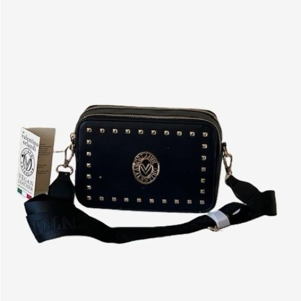 Valentino Orlandi Studded Crossbody Camera Bag, Black w/Gold-Toned Hardware.